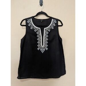 Talbots Petites Black Split Neck Embroidered Sleeveless Sz 6p Linen Cotton Blend
